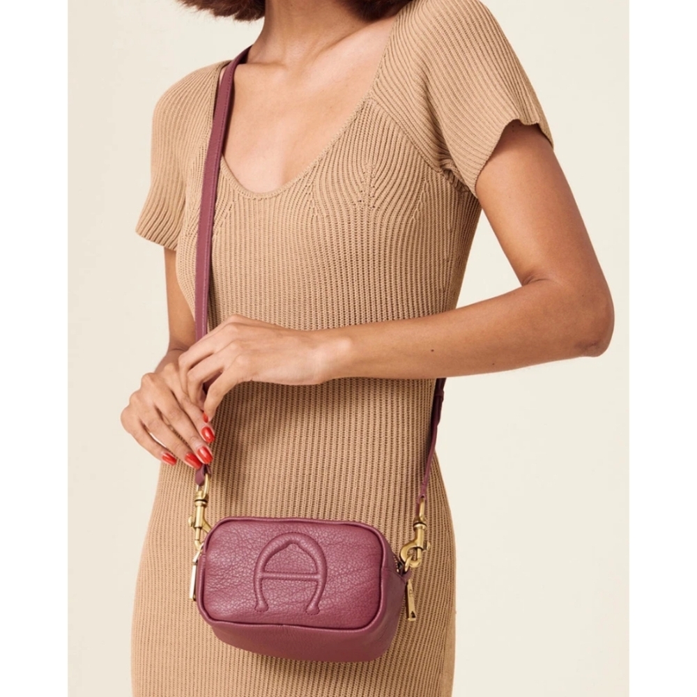 $198 Etienne Aigner Leather Adeline Logo Mini Camera Crossbody Burgundy Bag